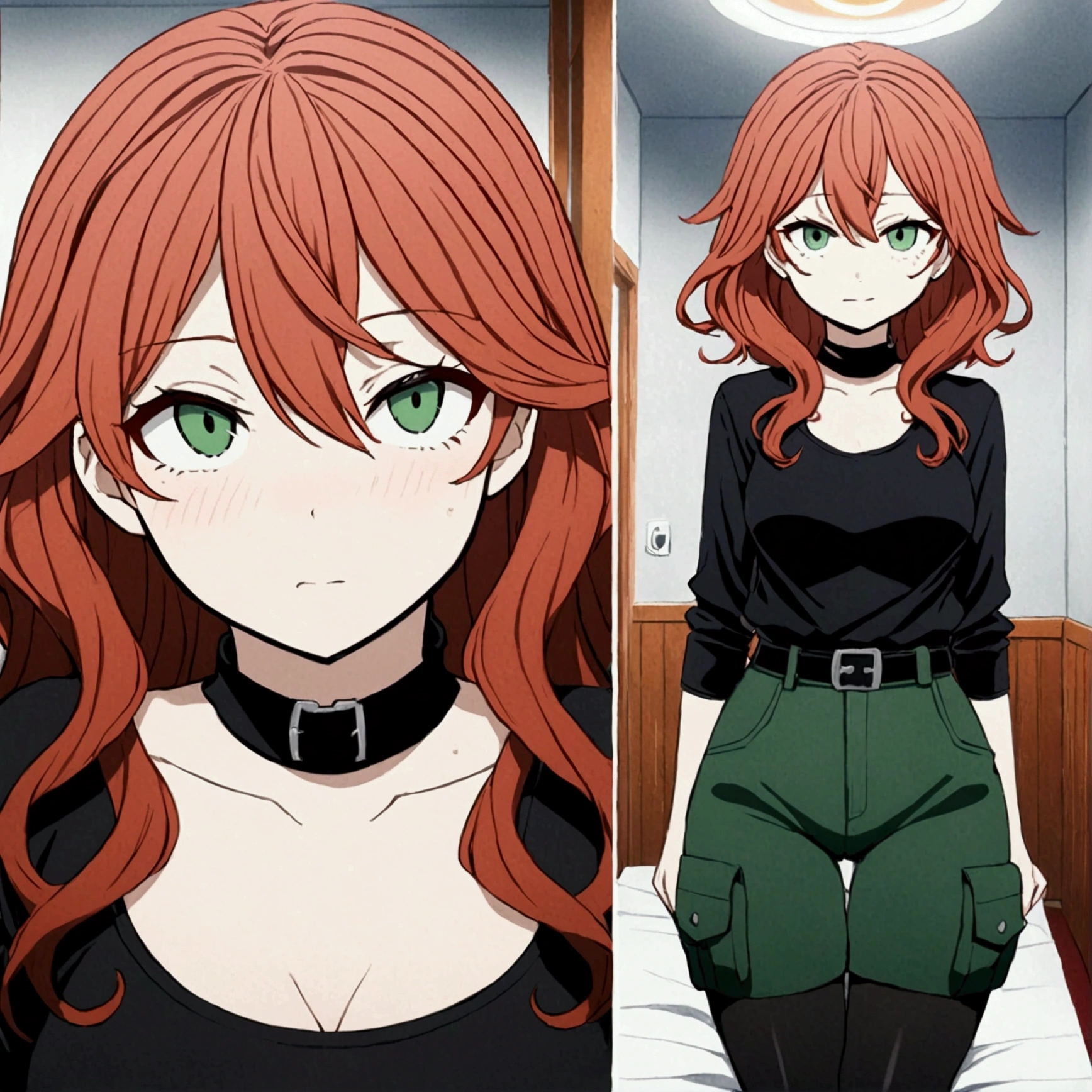A girl with slightly wavy red hair and a little bit long. He has a little pale skin. He has light green eyes and has a blushing expression.. She is wearing Katsuki Bakugo&#39;s black skull shirt and is in her UA dormitory lying on her bed., She has NO panties, and stands with her thighs apart, exposing her pink and wet pussy. 
