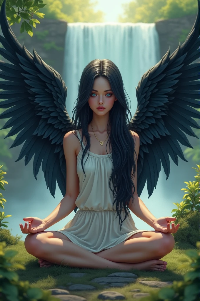 Photo d'une jeune femme de 20 ans, her long black and blue hair surrounding a soft face with blue eyes. From his back protrude two black angel wings.. . Elle médite assise en tailleur au milieu dune forêt verte devant une cascade