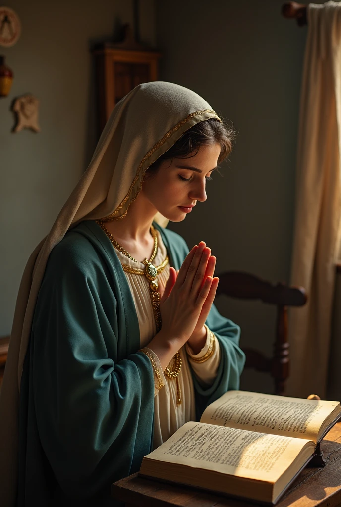 make an image of the virgin in a humble house in prayer Take a print of the following image and it is best to generate colorful, high-contrast, high-resolution images.