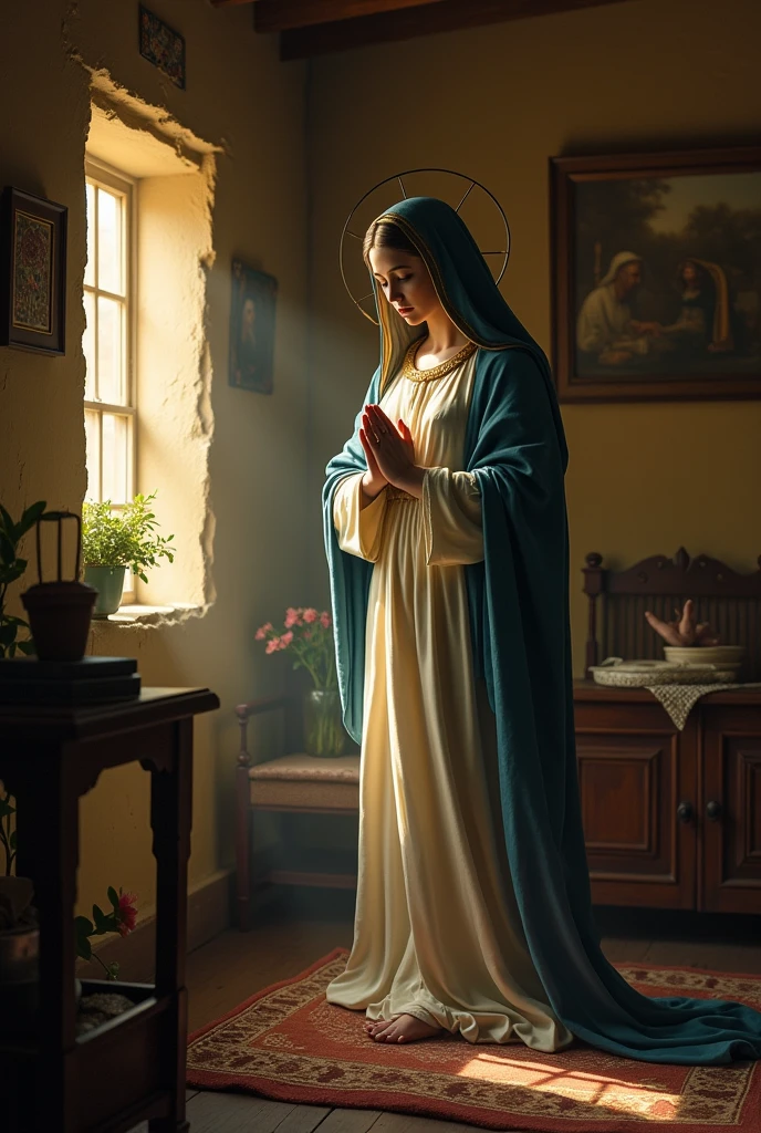 make an image of the virgin in a humble house in prayer Take a print of the following image and it is best to generate colorful, high-contrast, high-resolution images.
