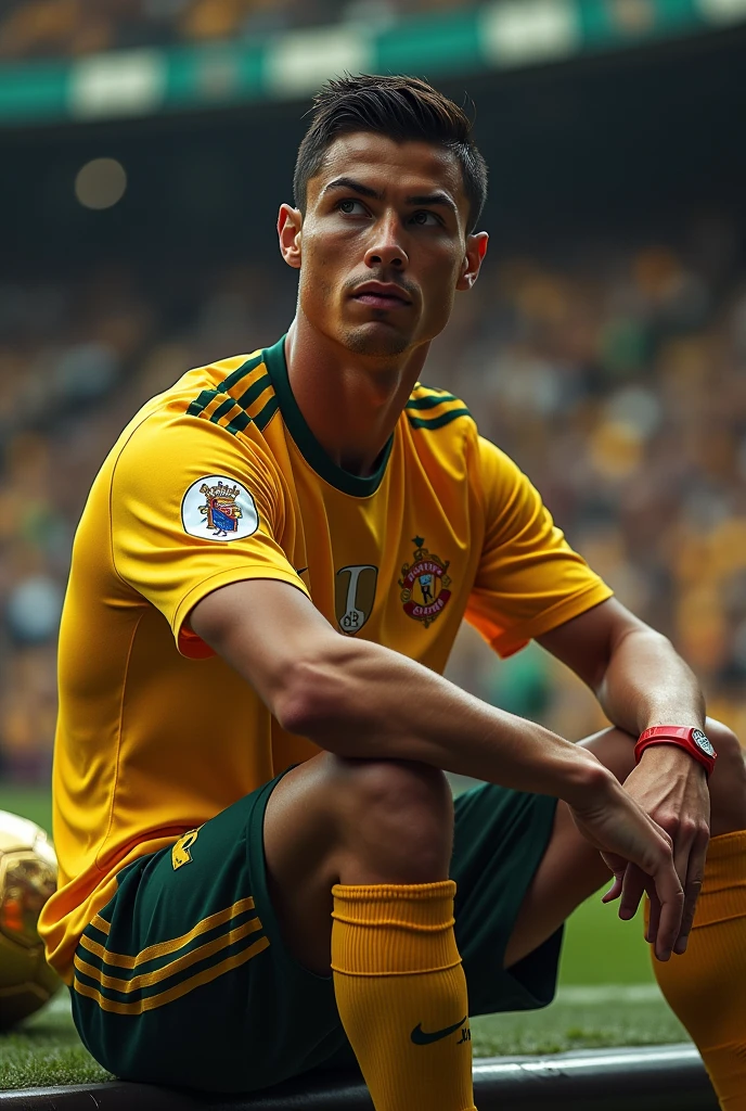 https://ichef.the bbci.co.uk/Ace/ws/640/cpsprodpb/8B70/PRODUCTION/_102469653_gettyimages-962792890.jpg.webp do it facing forward sitting talking in the background have the golden balls in the stadium of Cristiano Ronaldo 4 different photos 
