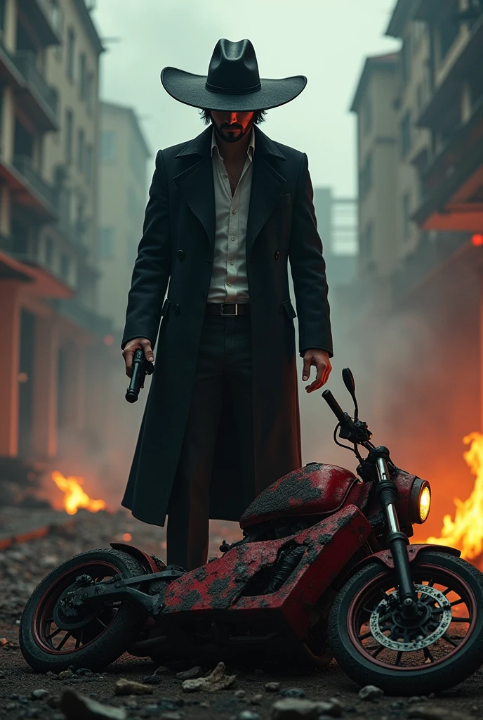 John Wick standing wearing a sombrero over destroyed red bike with fire and smoke