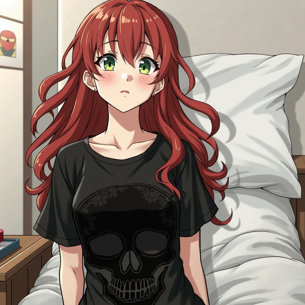 A girl with slightly wavy red hair and a little bit long. He has a little pale skin. He has light green eyes and has a blushing expression.. He is wearing Katsuki Bakugo&#39;s black skull shirt and is in his dorm at UA., lying in her bed, She has no panties on and her thighs are separated, exposing her pink and wet pussy. 