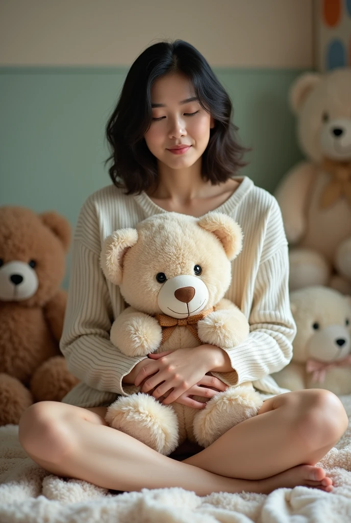 Realistic photos of (Japanese woman, 50 years old) , (naked:1), she sits cross-legged. Hug a reasonably large teddy bear. Tucked a bear high from your lap. Only up to her nipples. Not covering her nipples completely, see
(medium breasts, areola slip, Areola, half nipple : 0.84), hers, only half, ((perfectly beautiful hands and feet)) ,((most clear details)), in a pastel-colored room full of stuffed animals
