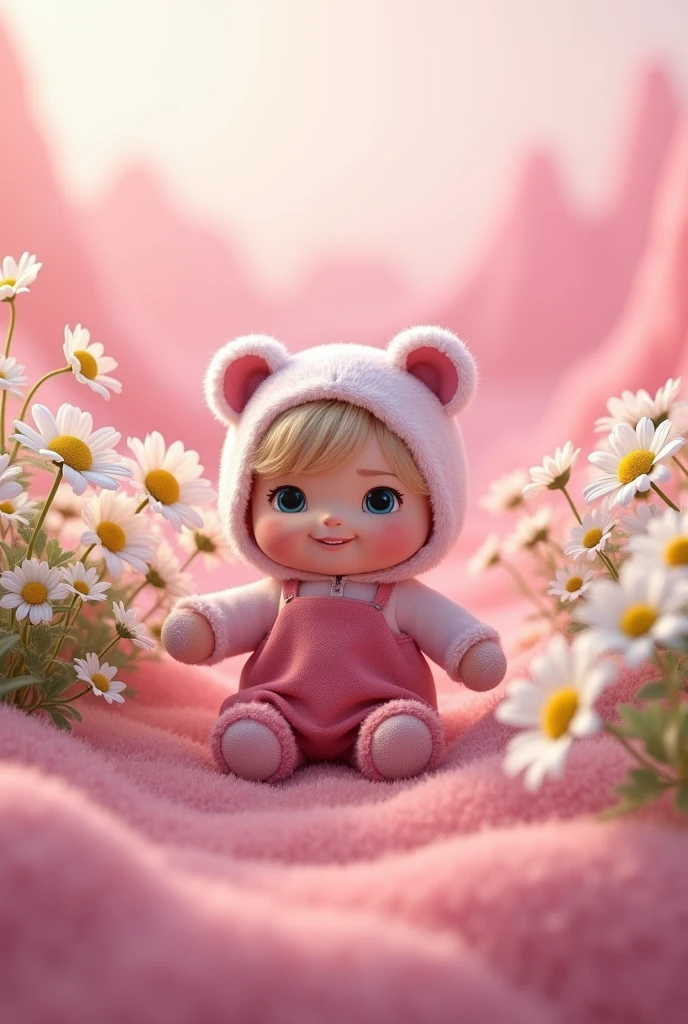 Masha and the Bear doll sitting in a pink landscape with a bouquet of daisy flowers ,
