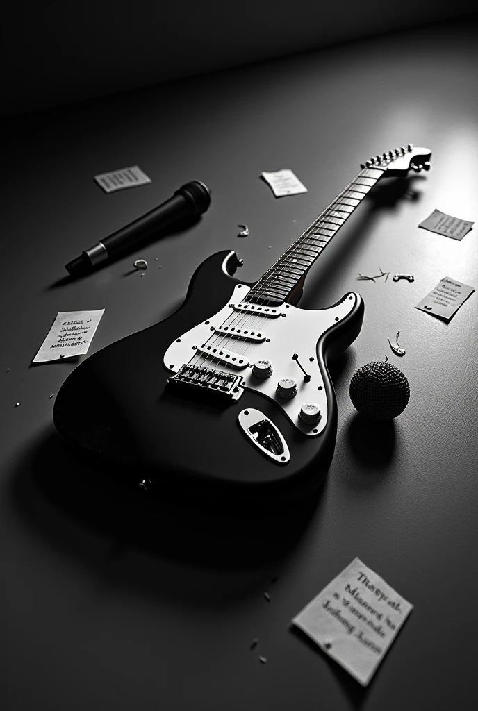 Generates image of a black and white guitar on the ground, next to a microphone lying on the floor around loose musical notes