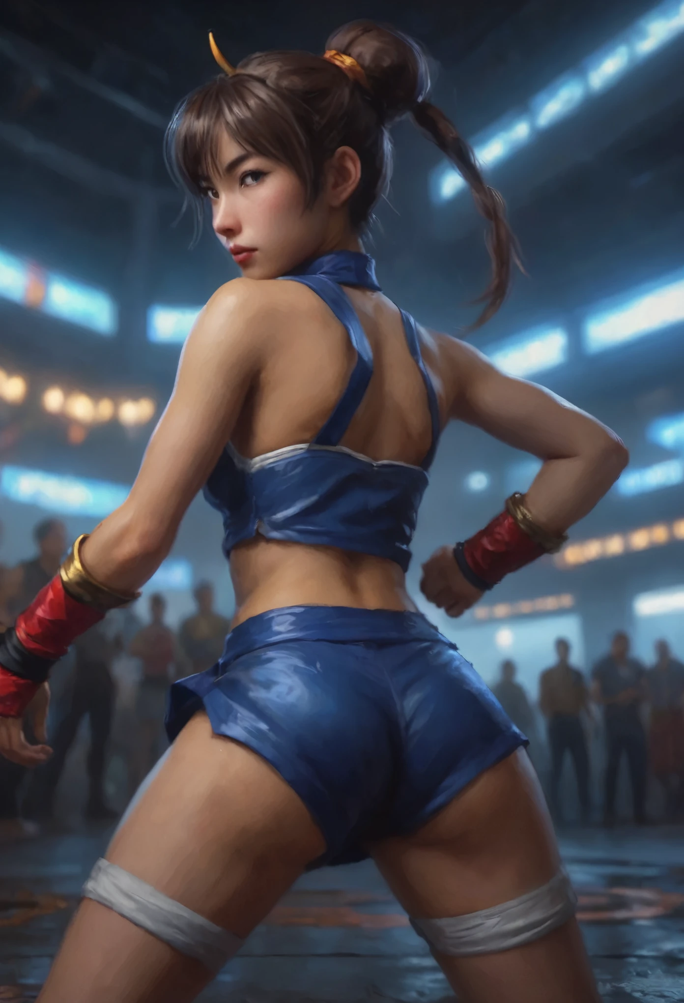 1 cute yuna, sexy chun li outfit, is in a fighting stance ready to face zombies and other terrible monsters, halloween night, view from low angle focused on her butt, (best quality,4k,8k,highres,masterpiece:1.2),ultra-detailed,(realistic,photorealistic,photo-realistic:1.37),HDR,UHD,studio lighting,ultra-fine painting,sharp focus,physically-based rendering,extreme detail description,professional,vivid colors,bokeh,dark fantasy,horror,action,battle,cinematic,dramatic lighting
