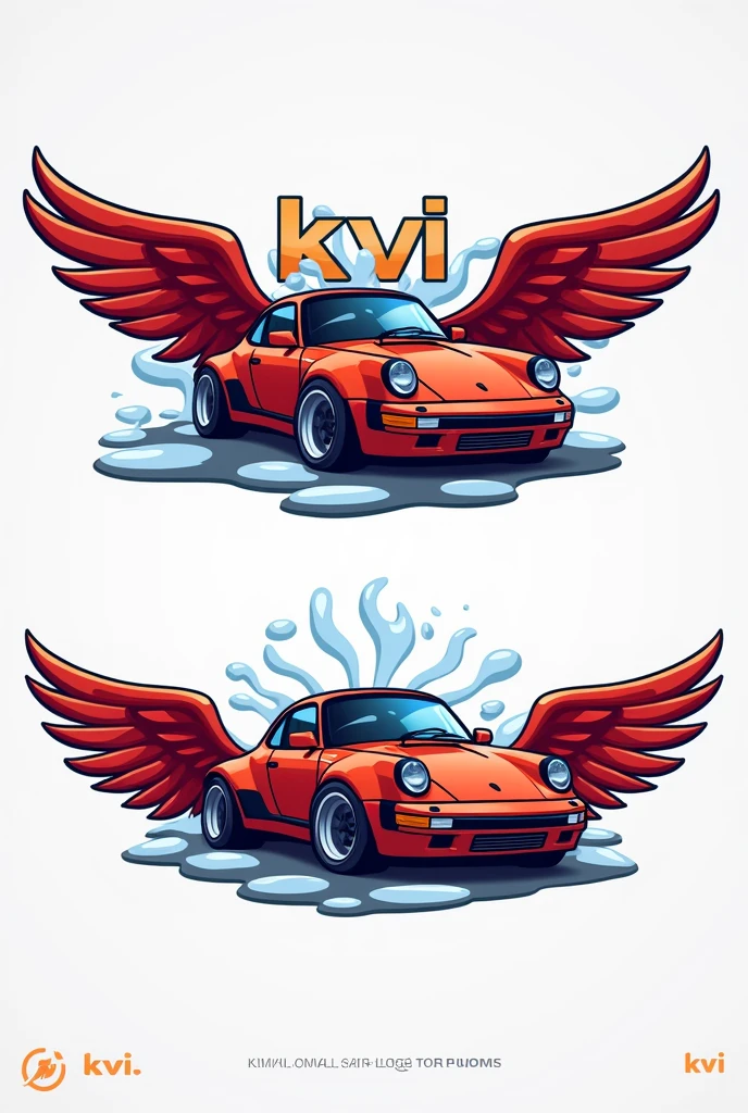 Make me a logo for a car wash with foam and preferably have it in the color of an eye and have the word KVI and have a little winged car with a clear design and name and always preferably in the color red so that it is not so futuristic.


