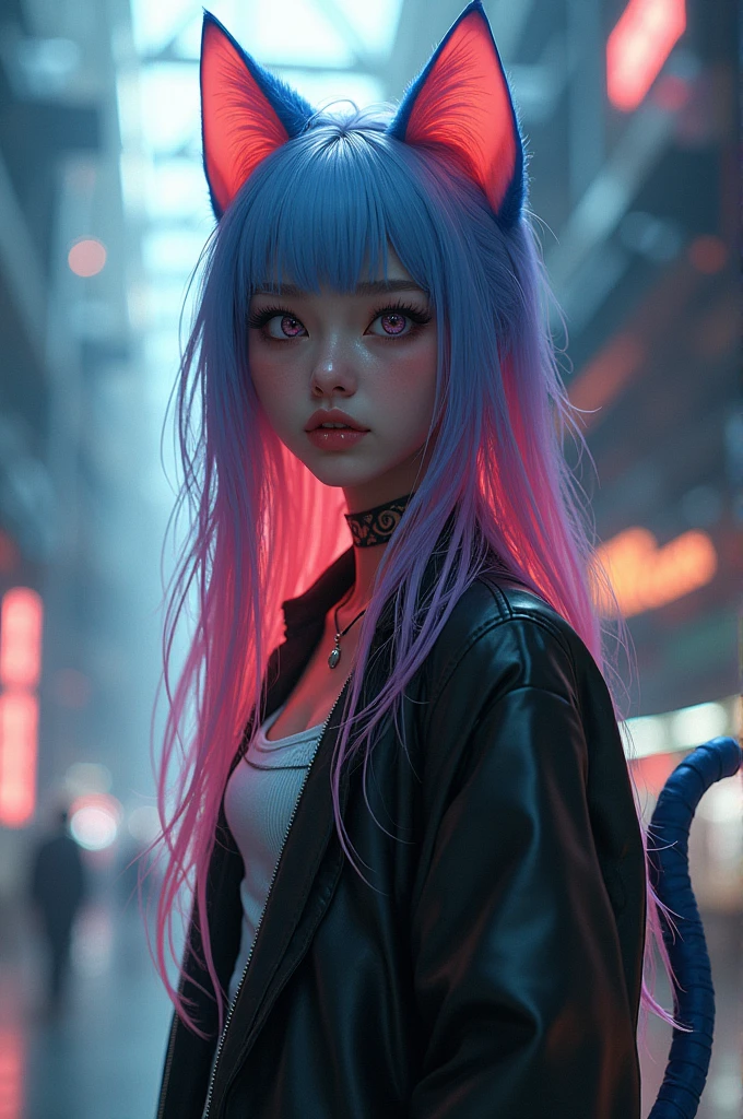 beautiful photorealistic photograph of a cyberpunk catgirl with long multicolor hair and swishing tail, ((Best quality)), ((masterpiece)), (detailed: 1.4), depth of field f/2.8, fut de