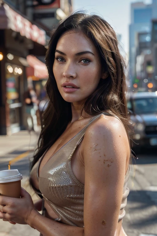 (skin texture, pores, natural,iphone,raw)), natural lighting, of the highest quality (close up) Portrait photo woman(( megan fox)),with a coffee in hand,Nikon Z9, realistic matte skin, blurred city in the background, 8k, ((looking directly at the camera)), olxcke,