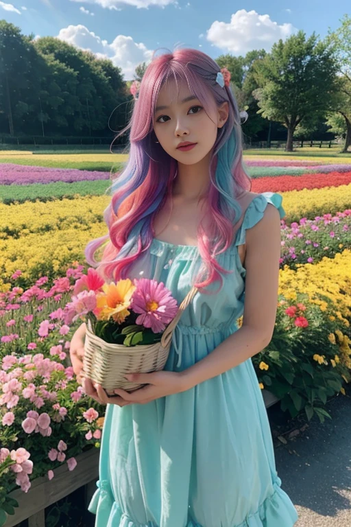 Highest quality,High resolution,A Japanese girl standing in a flower field holding a basket of fruit and flowers, Two-tone hair, long hair with pastel colours, aurora Colored Hair, Colorful pastels, Hair Color, multiColored Hair, Colorful long hair, Two-tone hair dye, Colorful Hair, Gradient Hair, pastel colour, Colored Hair, Bright rainbow hair colors,One-piece dress with frills,The background is a shining rainbow,
