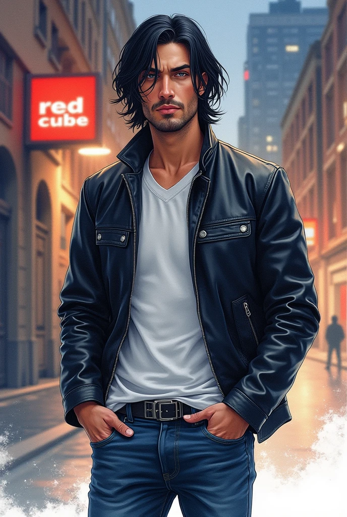 Watercolor style. Best quality. Professional drawing. Handsome guy 1. black straight hair. European. hands in pockets. Standing against the background of the city at night. Dressed in fashionable jeans and a leather jacket. steep. Behind the back is a sign saying Red Cube