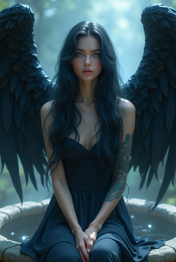 Photo d'une jeune femme de 20 ans, her long black and blue hair surrounding a soft face with blue eyes. From his back protrude two black angel wings.. . She meditates in the middle of a stone circle
