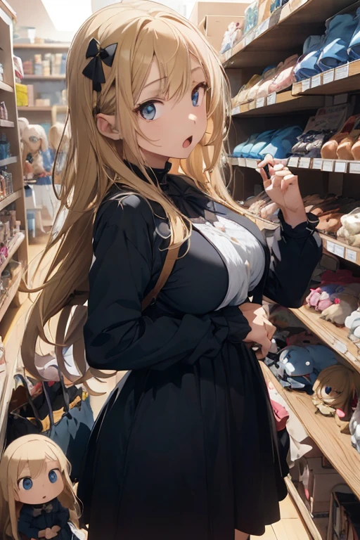 1 female, age girl, blue long sleeve dress, blonde long hair, rosa cheeks, doll store, playing a dolls, sad face, huge breast, open mouth, gothic dress up, all black