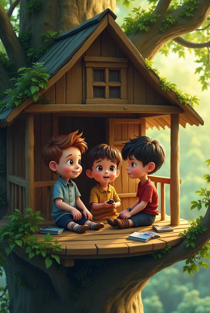 Three s, two boys and a girl, talk in a tree house.