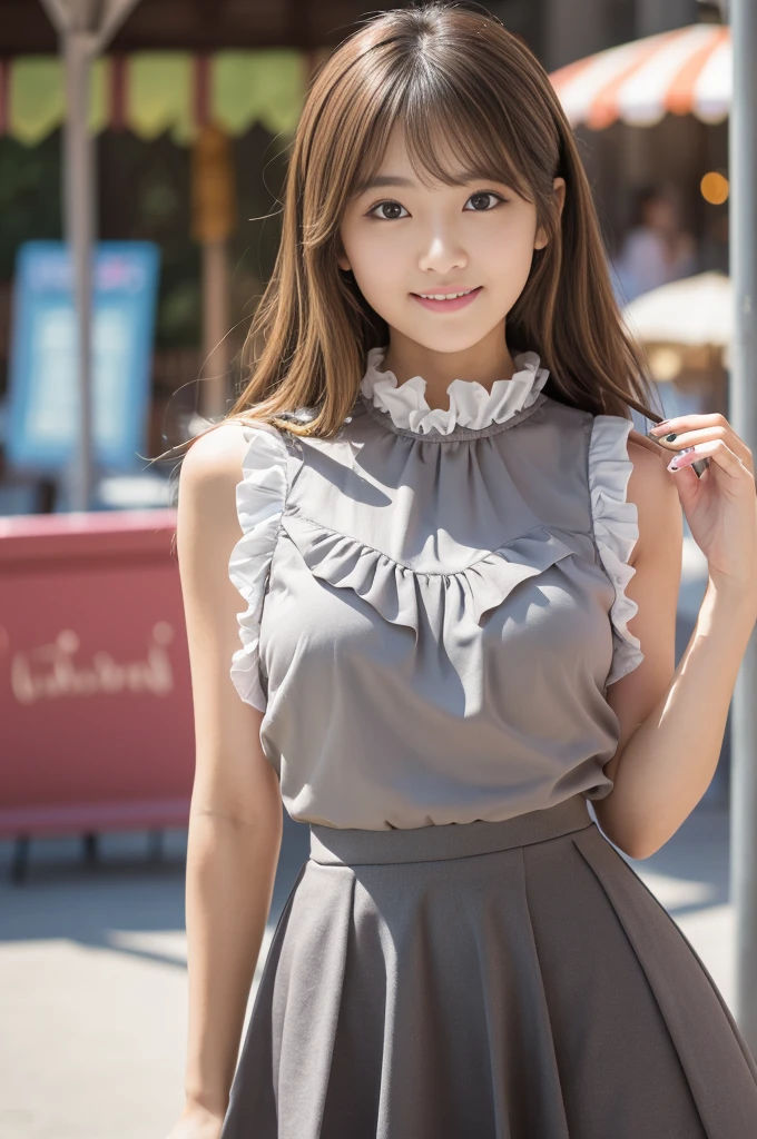 (8k, RAW photo, best quality, masterpiece:1.2), (realistic, photo-realistic:1.4), ultra-detailed, perfect anatomy, perfect limbs, perfect hand, depth of field, wide shot, cute japanese model pictures, Beautiful Face, in a summer amusement park, (brown eyes), (dark blonde loosely curled hair.), She is looking at this way, smiling, She has blunt artificial nails, She is standing shyly in front of the bench, facing me., BREAK, (gray Ultra micro mini frilled skirt), (White sleeveless blouse), 