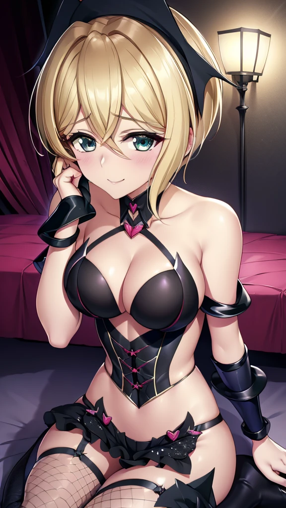 Erotic　Symphogear　Cut songs　Blonde Pixie Cut　Black sequin corset, off-shoulder garter belt, fishnet tights, heart-shaped bedroom, love hotel lamplight, dark theme, evil, temptation, excitement, condescending smile, yandere, trance, sexy pose, upper body emphasis, upward gaze