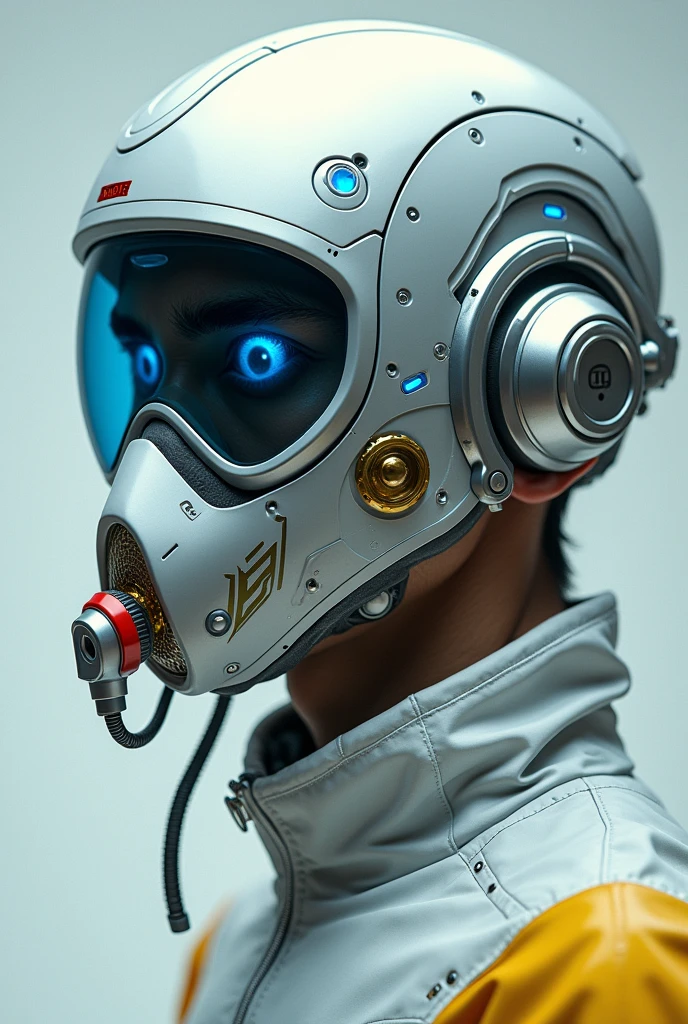 1 man, silver motorcycle helmet, snorkeling mask, portrait close up. Silver two pipe tube from mouth to head. Future design.. high tech. Wear google safety eyes glowing blue. The tube connect from head to mouth. Future headphone design blue led light detail. Starlord helmet design concepts. Very detail . High tech costume. Marvel. shape on the helmet. small tube glowing tube. facemask. malay man. white yellow red blue.
