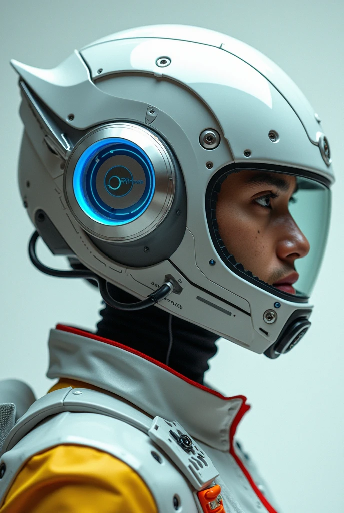 1 man, silver motorcycle helmet, snorkeling mask, portrait close up. Silver two pipe tube from mouth to head. Future design.. high tech. Wear google safety eyes glowing blue. The tube connect from head to mouth. Future headphone design blue led light detail. Starlord helmet design concepts. Very detail . High tech costume. Marvel. shape on the helmet. small tube glowing tube. facemask. malay man. white yellow red blue.
