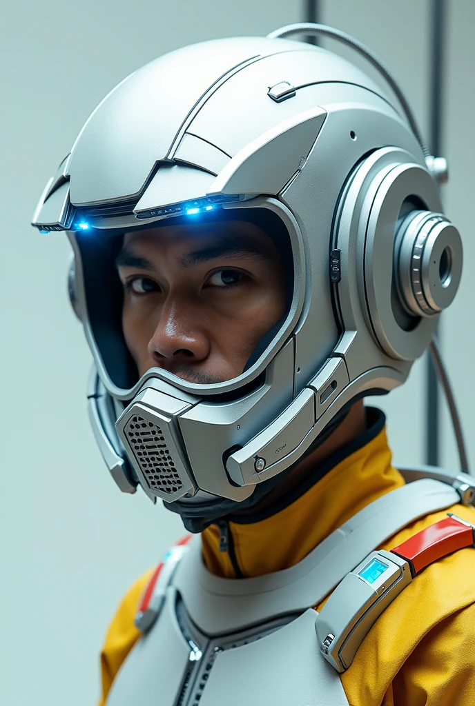 1 man, silver motorcycle helmet, snorkeling mask, portrait close up. Silver two pipe tube from mouth to head. Future design.. high tech. Wear google safety eyes glowing blue. The tube connect from head to mouth. Future headphone design blue led light detail. Starlord helmet design concepts. Very detail . High tech costume. Marvel. shape on the helmet. small tube glowing tube. facemask. malay man. white yellow red blue.