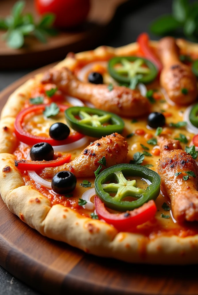 I want peri peri pizza with cheese onion red paper jalpino olives nd chicken toping make sure total vegie is cutted in finger style
