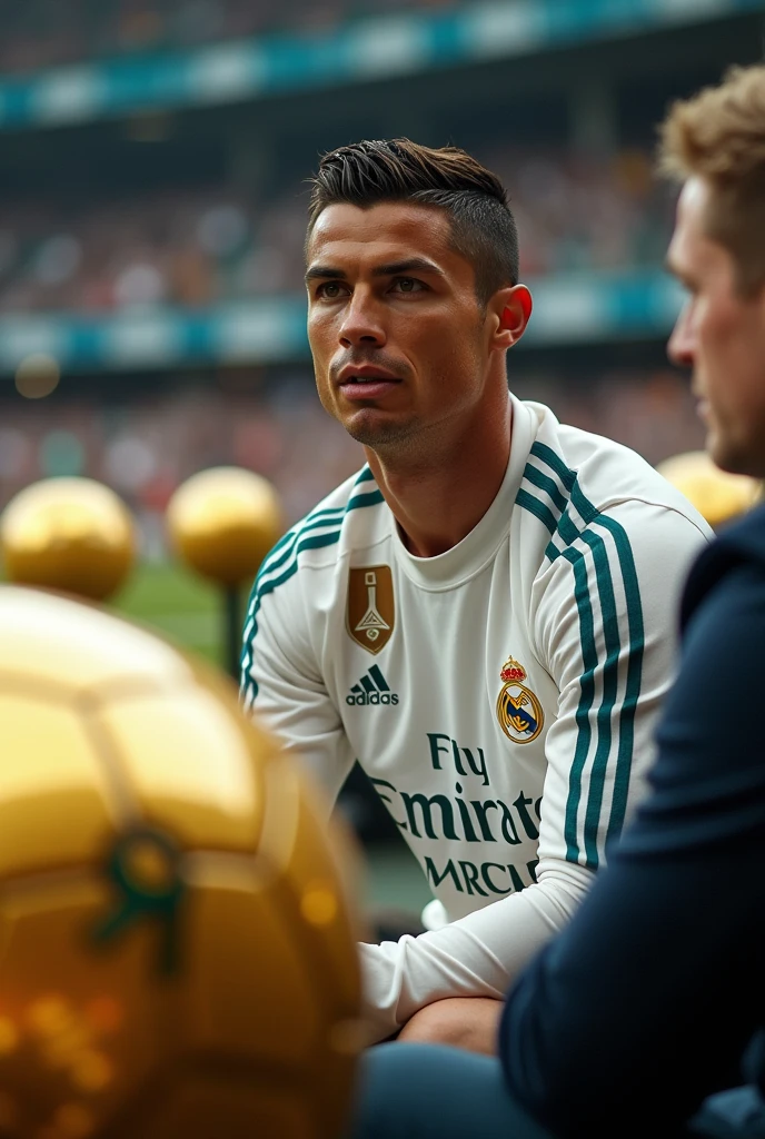 https://ichef.the bbci.co.uk/Ace/ws/640/cpsprodpb/8B70/PRODUCTION/_102469653_gettyimages-962792890.jpg.webp do it facing forward sitting talking in the background have the golden balls in the stadium of cristiano ronaldo 4 different photos with the real madrid uniform