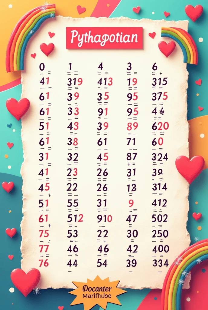 Pythagorean table chart with tables from 0 to 10 with hearts and rainbows as decoration 