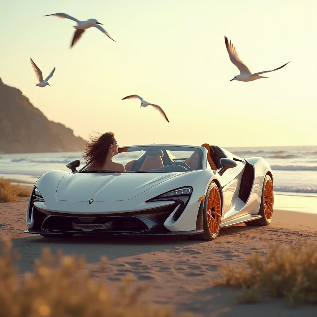 With my white Lamborghini Iris cabrio carbon orange I drive on the beaches of Tlemcen in Algeria with my darling and my hair in the wind early in the morning and the seagulls