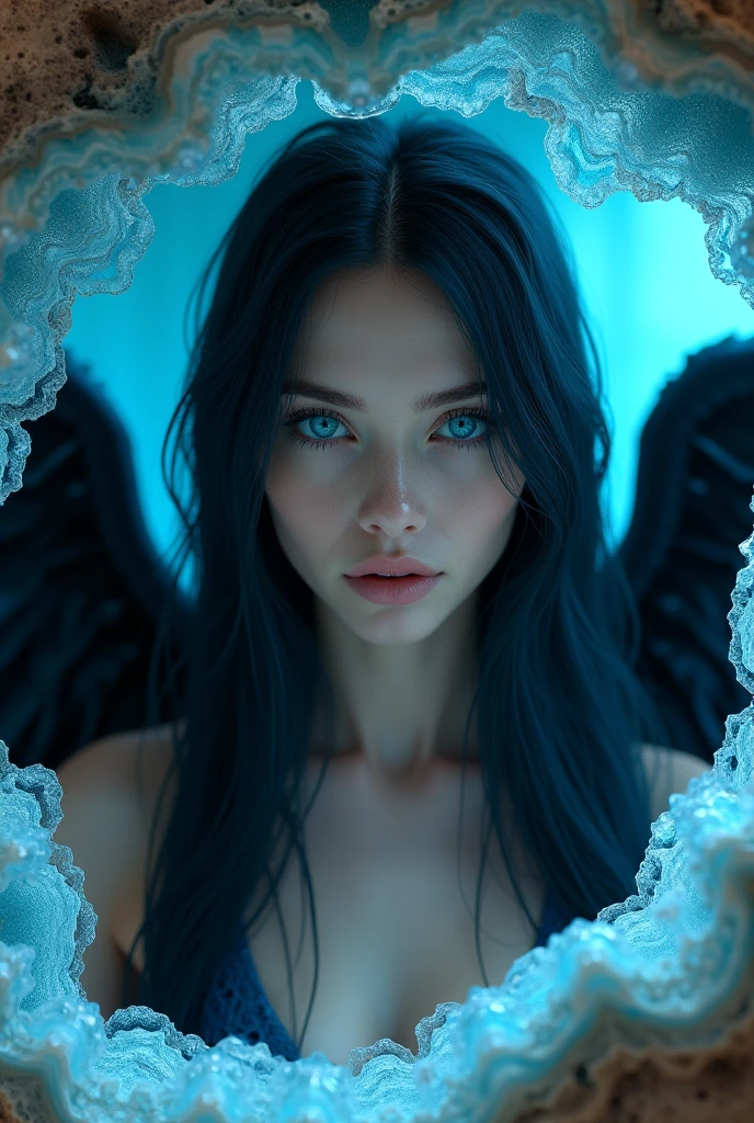 Photo d'une jeune femme de 20 ans, her long black and blue hair surrounding a soft face with blue eyes. From his back protrude two black angel wings.. . Elld is surrounded by geode