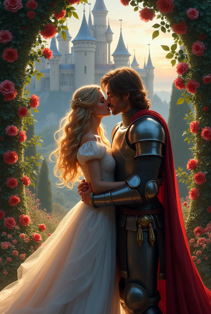 A beautifull princess with a bolnde hair and a handsome knigt with brown hair, sitting behind the ptincesses castle with big trees with full of red and white roses kissing at the night as the knigt goes in the war 