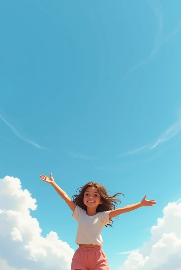 A light brown girl , chocolate brown hair,wavy in the vast blue sky with arms open to receive a hug