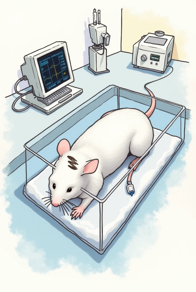 hand drawn drawing of a white mouse with a black stripe on its tail lying in a clear box having its blood pressure measured by telemetry with transducer wires attached to a black stripe on its tail in a laboratory, showing the computer