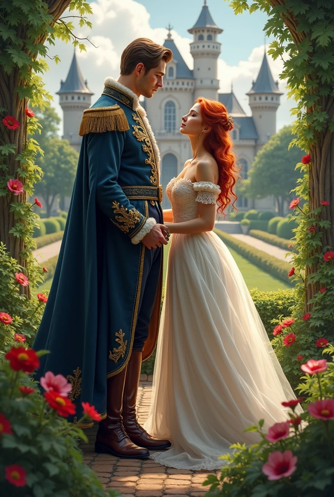 a handsome prince in a navy blue and gold outfit and a red-haired commoner in a white dress in a castle with a beautiful garden in the background