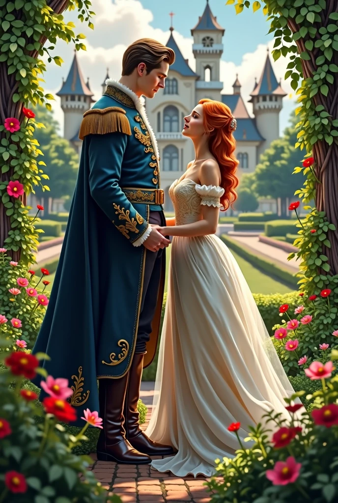 a handsome prince in a navy blue and gold outfit and a red-haired commoner in a white dress in a castle with a beautiful garden in the background