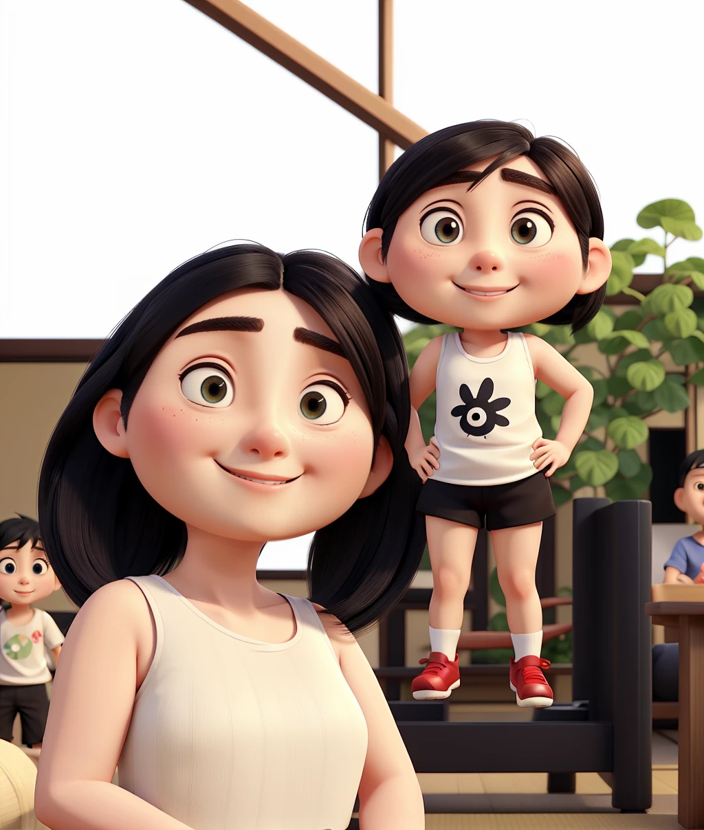 A Japanese woman mother white skin long black hair round face slanted eyes raised nose black tank top clothing chubby stockings with Japanese son with slanted eyes child short dark hair white skin Motion lines, ssmile,