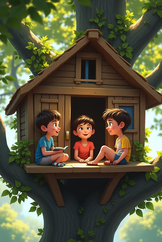 Three preteens, two boys and a girl, talk in a tree house.