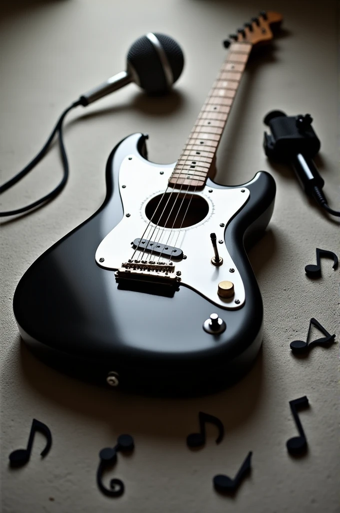 Generates image of a black and white guitar on the ground, next to a microphone lying on the floor around loose musical notes