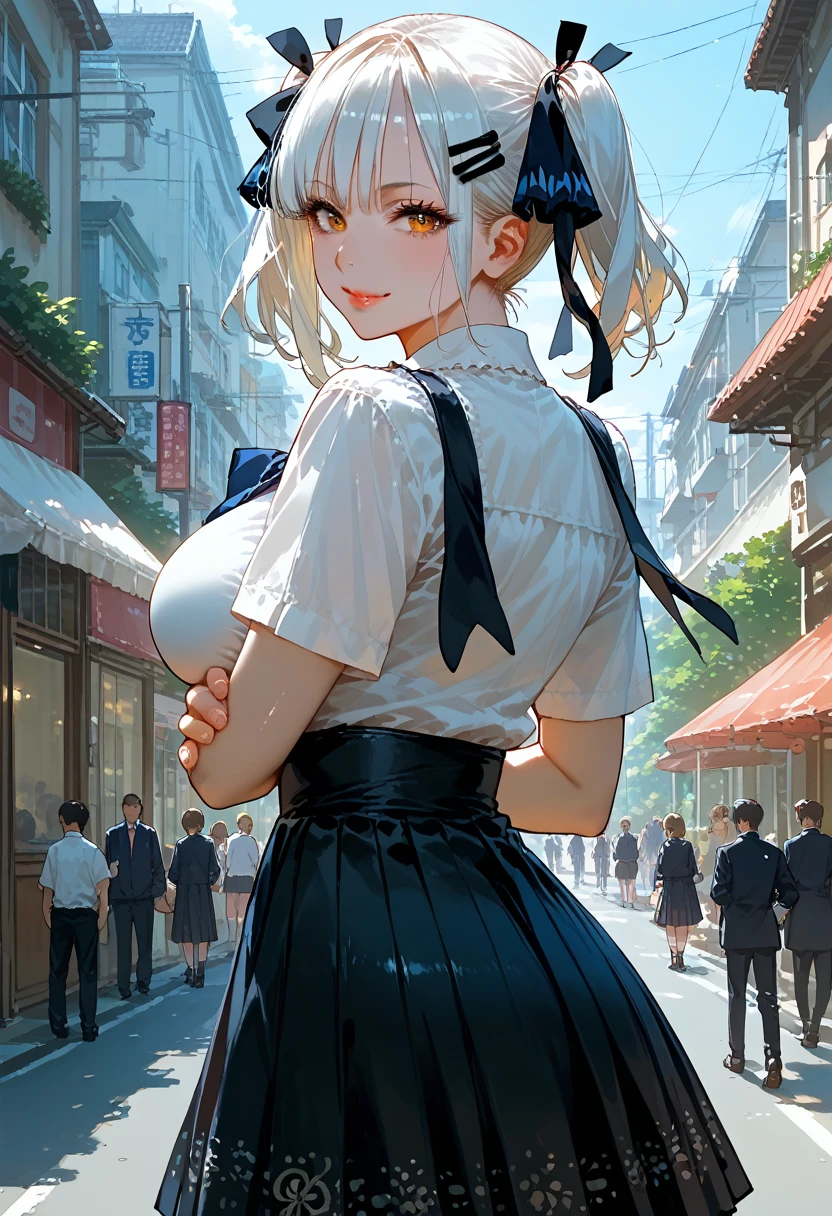 score_9, score_8_up,score_7_up,masterpiece, best quality, perfect anatomy, very aesthetic, official art, 8k,source_anime,2D, megami magazine, rating_safe ,1girl,shiny skin ,gleaming skin,seductive smile,closed mouth ,eyelashes,lips gloss, vampire_girl,huge_breasts,short bob hair,twintails, white hair ,hairclip,gothic lolita,school uniform,short skirt , knapsack ,zettairyouiki ,crossed arms,,from behind,looking back at viewer,street,school