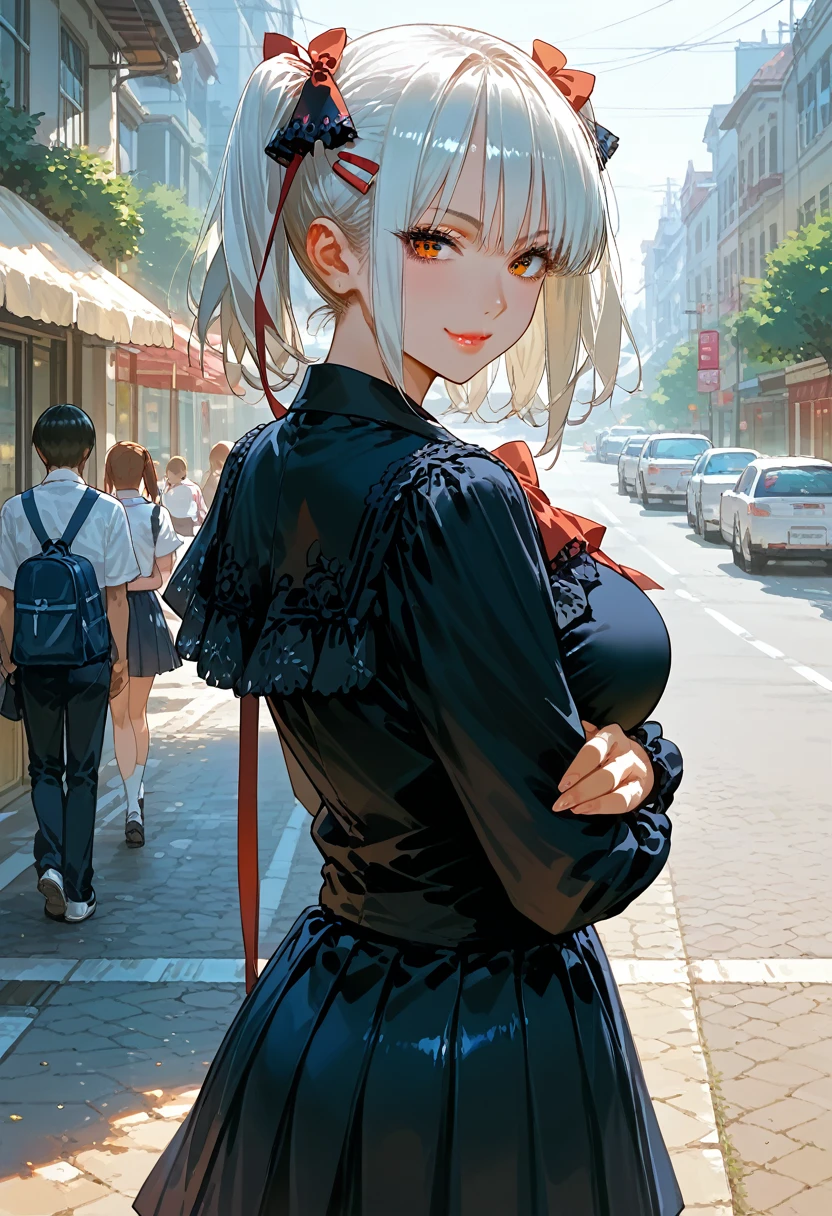score_9, score_8_up,score_7_up,masterpiece, best quality, perfect anatomy, very aesthetic, official art, 8k,source_anime,2D, megami magazine, rating_safe ,1girl,shiny skin ,gleaming skin,seductive smile,closed mouth ,eyelashes,lips gloss, vampire_girl,huge_breasts,short bob hair,twintails, white hair ,hairclip,gothic lolita,school uniform,short skirt , knapsack ,zettairyouiki ,crossed arms,,from behind,looking back at viewer,street,school