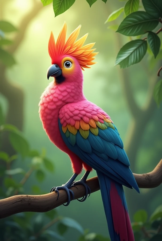 A majestic bird with pink feathers, a vibrant yellow and orange crest, and a long tail adorned with colorful spots, perched on a branch with a blurred green forest background.