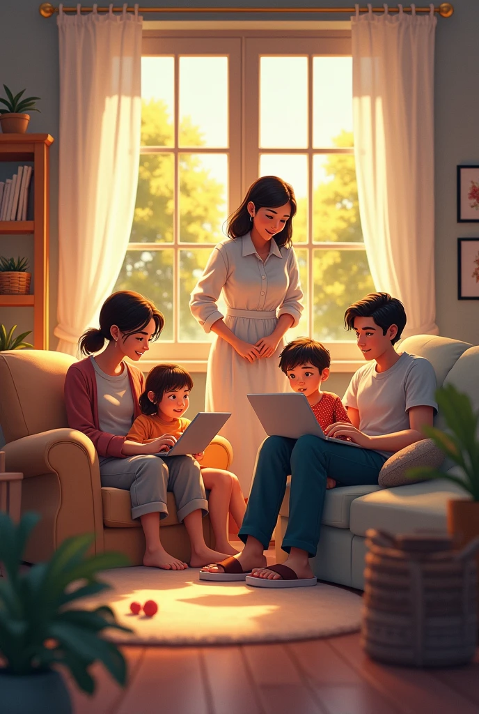 The scene itself is in the living room with the mother and Zack on the sofa and Isabella on another sofa with her tablet, the baby in the back in a playpen, the father at the table with his PC and the nanny cleaning.