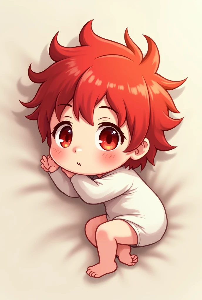 Red hair, shaggy, red eyes, anime, baby, lying on his back, simple white outfit,  