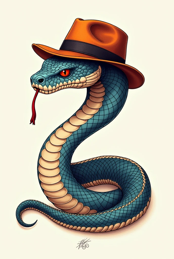 Snake with hat drawing, tatoo, old school, neotradicional, bold line, fine line, detailded, new school , fullcolor, menos detalhes, desenho de tatoo