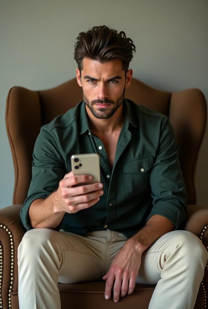 Handsome man, in dark green shirt and cream cargo pants, sitting on a royal wingback sofa, showing iphone mobile screen to the viewer, in with background
