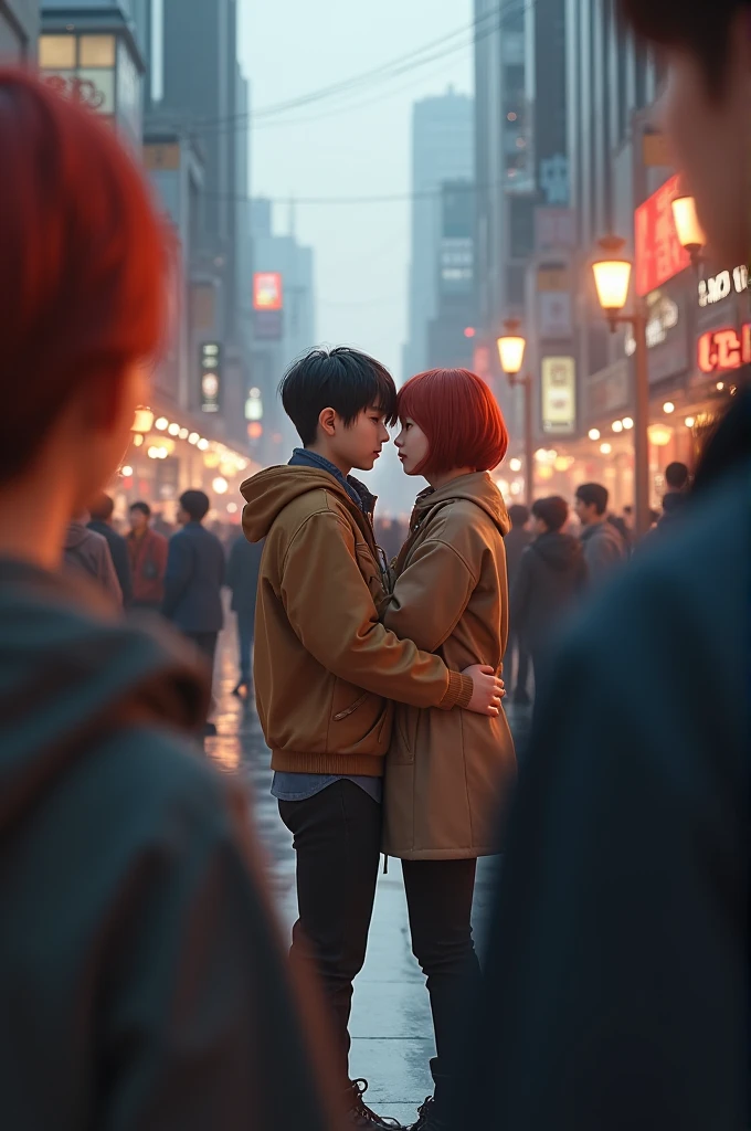 Redhead Korean girl hiding looking at a gay couple