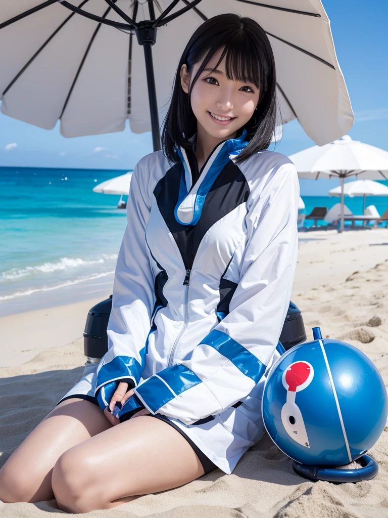Japanese female android,Black Hair,White and blue robot suit,Plump,Summer beach,sitting under a beach umbrella,smile,