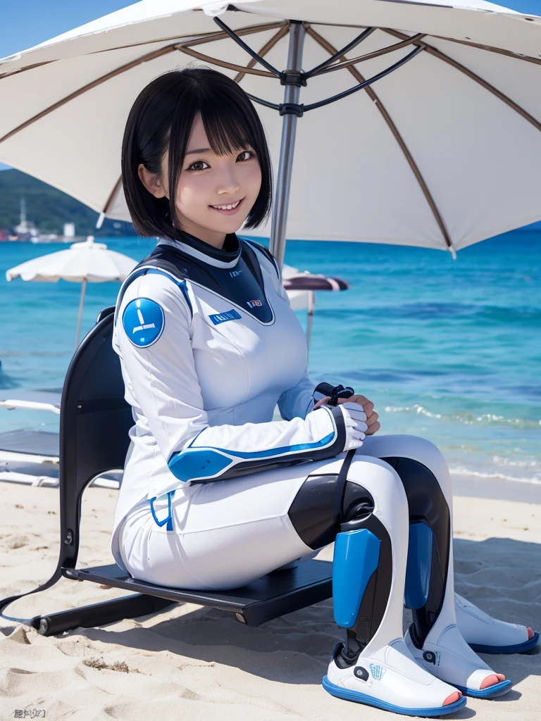 Japanese female android,Black Hair,White and blue robot suit,Plump,Summer beach,sitting under a beach umbrella,smile,