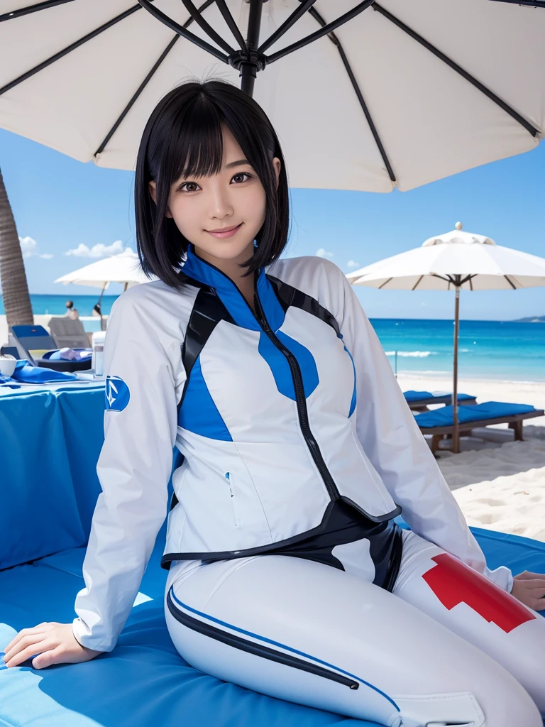Japanese female android,Black Hair,White and blue robot suit,Plump,Summer beach,sitting under a beach umbrella,smile,
