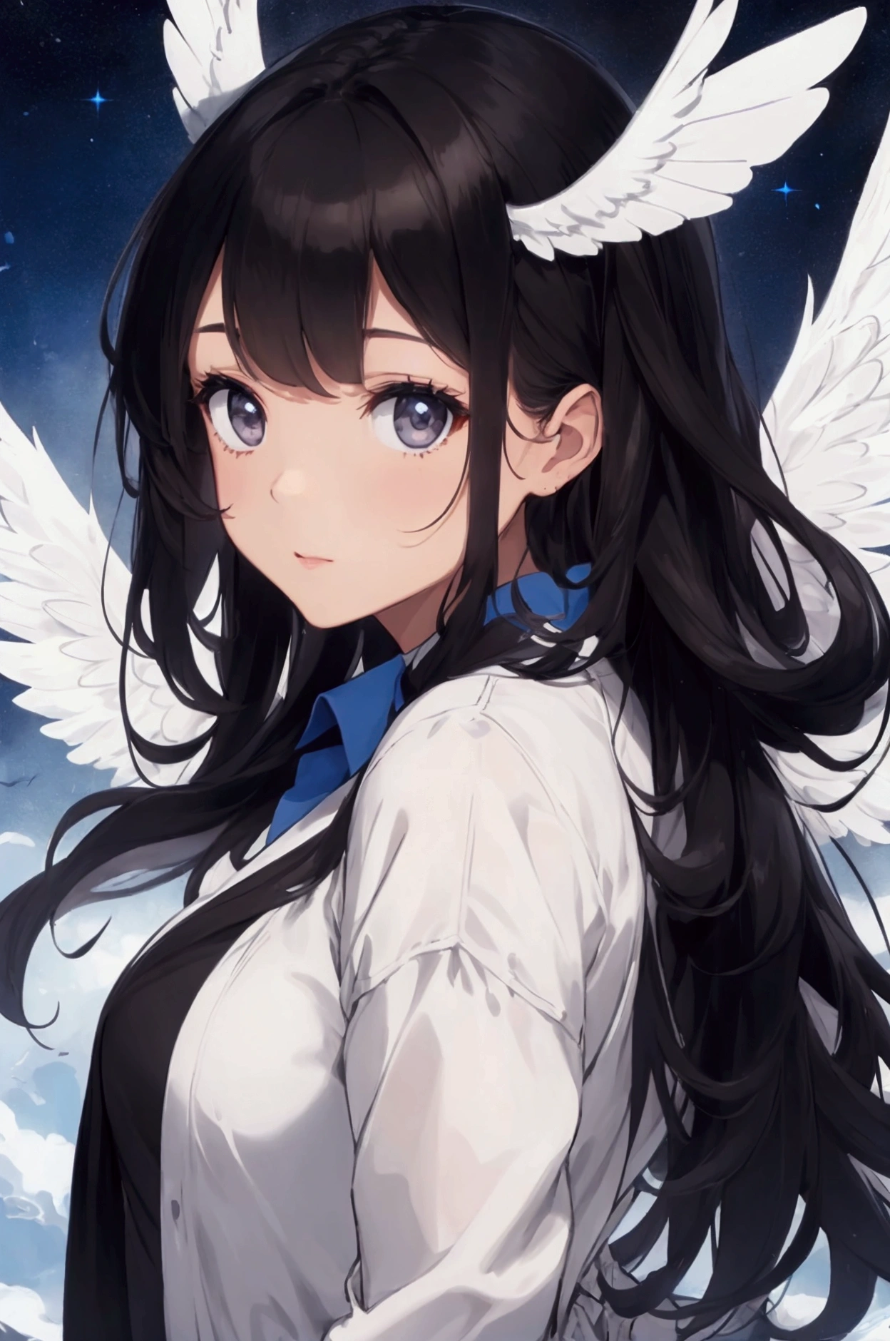 A beautiful woman with long curly brown hair and black eyes. She has big white wings at her back. She's wearing a white shirt and a blue jacket
