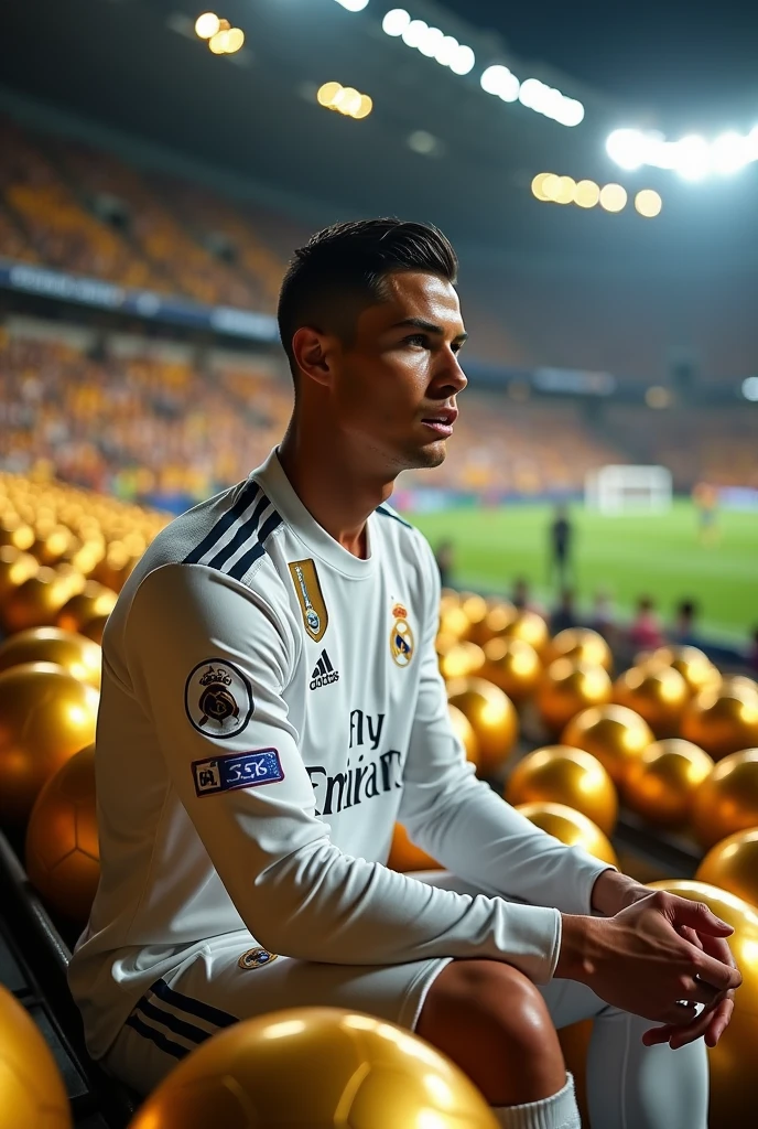 https://ichef.the bbci.co.uk/Ace/ws/640/cpsprodpb/8B70/PRODUCTION/_102469653_gettyimages-962792890.jpg.webp do it facing forward sitting talking in the background have the golden balls in the stadium of cristiano ronaldo 4 different photos with the real madrid uniform